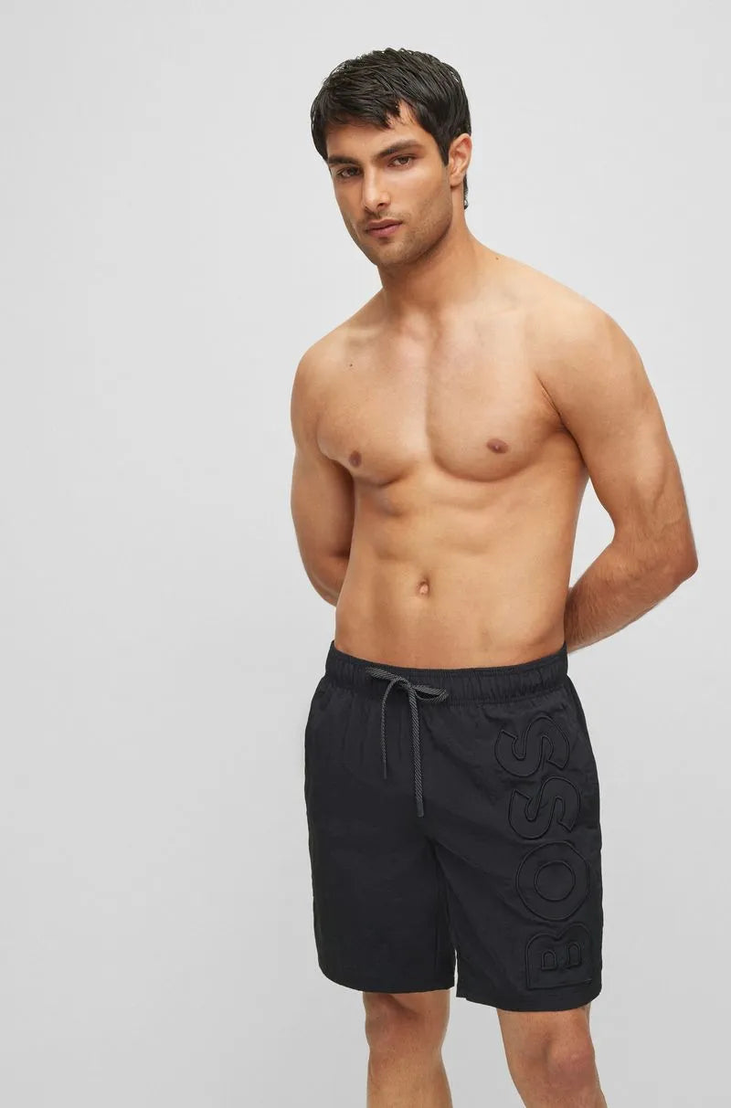 Shorts De Praia Em Material Reciclado Com Logo Bordado