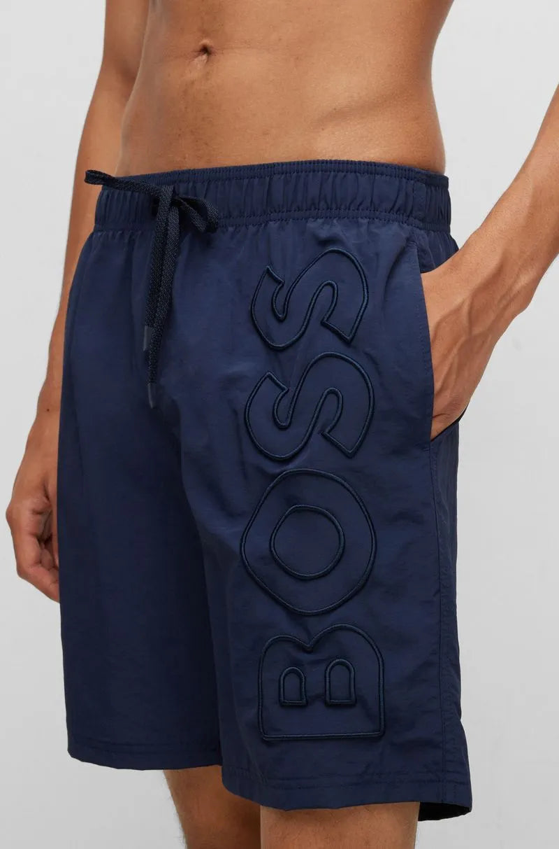 Shorts De Praia Em Material Reciclado Com Logo Bordado