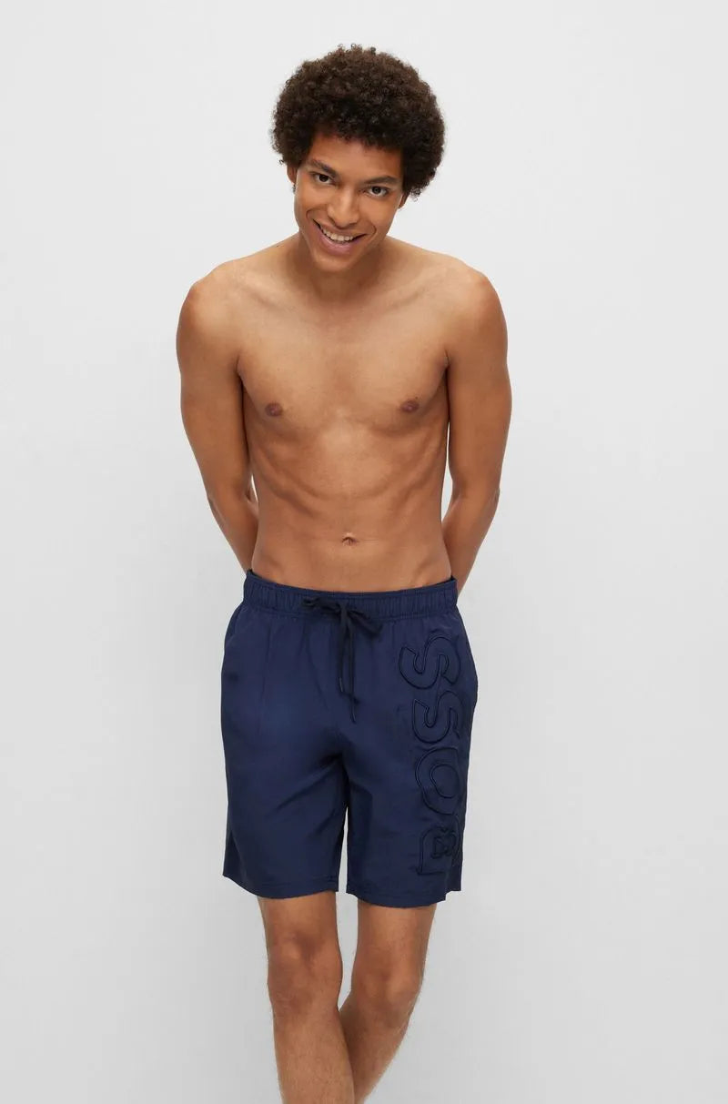 Shorts De Praia Em Material Reciclado Com Logo Bordado