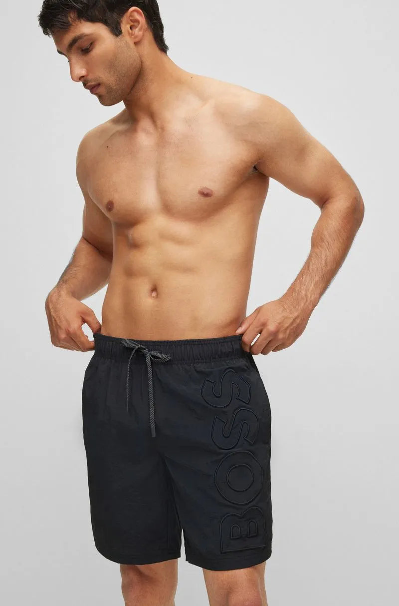 Shorts De Praia Em Material Reciclado Com Logo Bordado