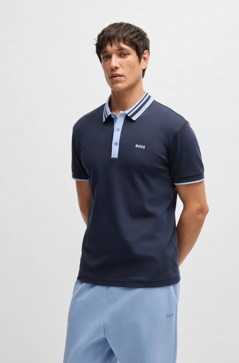 Polo Em Algodão Interlock Com Colarinho Listrado