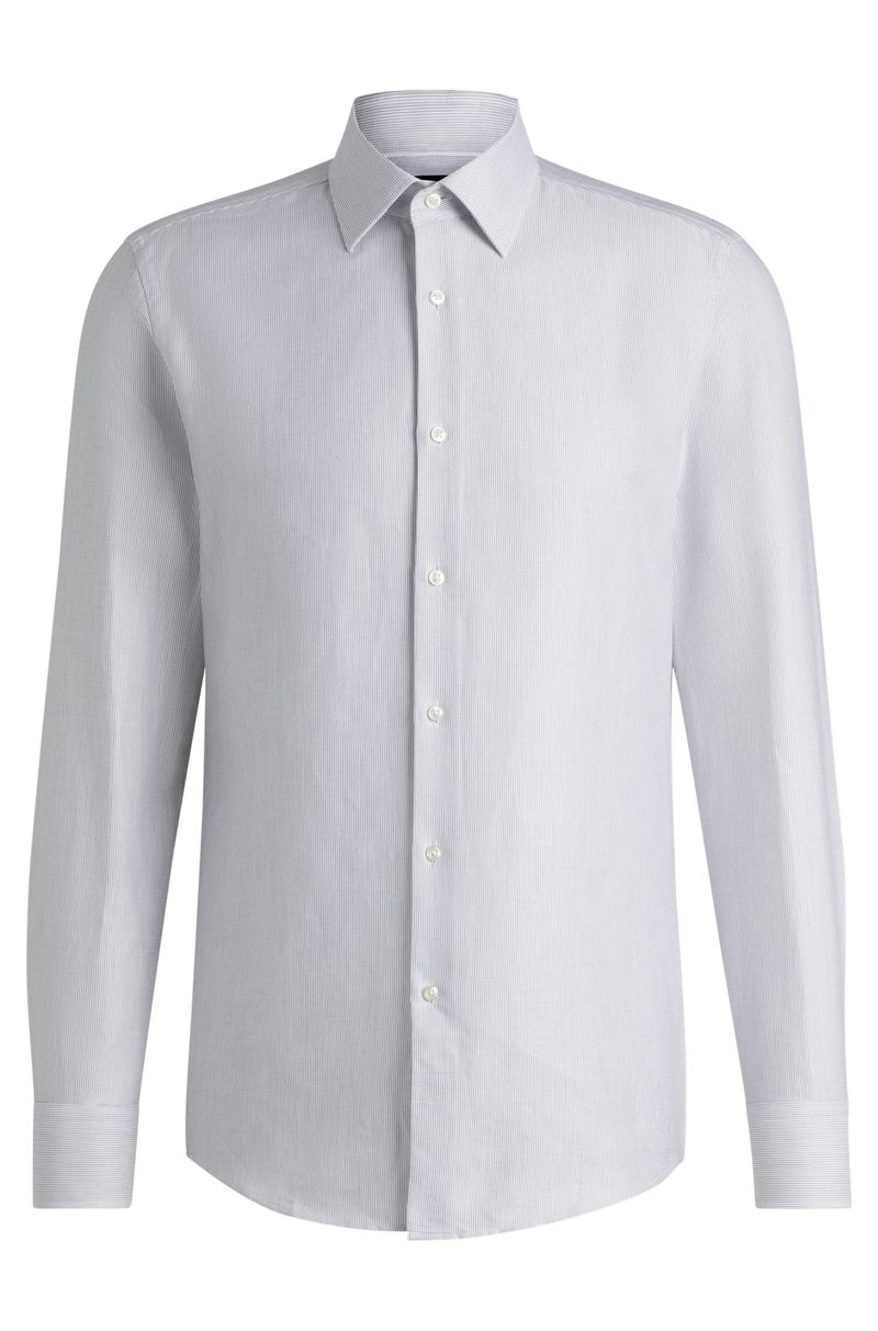 Camisa Slim Em Sarja De Algodão Às Riscas