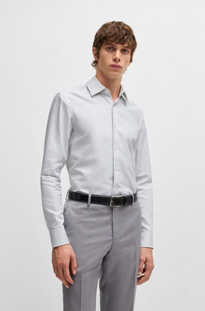 Camisa Slim Em Sarja De Algodão Às Riscas